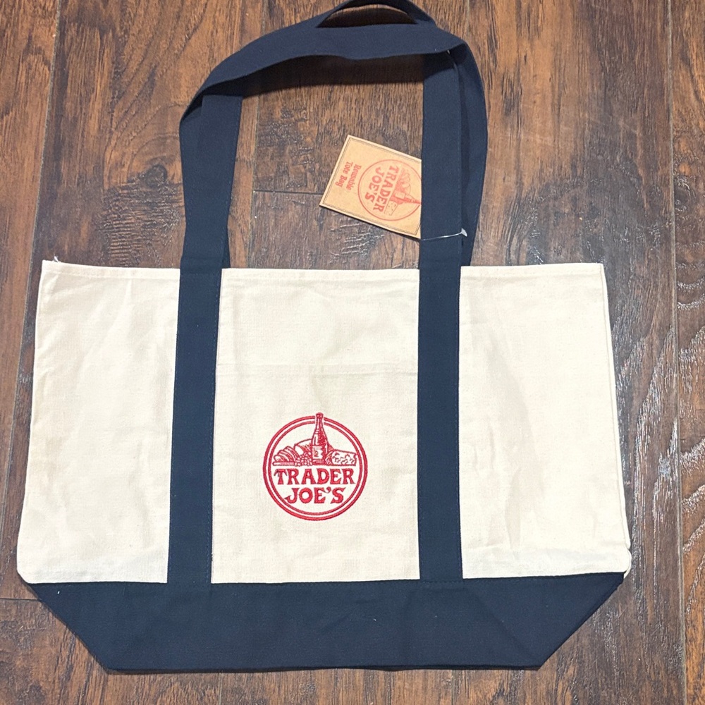 Large Classic Trader Joe's Canvas Tote Bag in Cream and Blue NEW